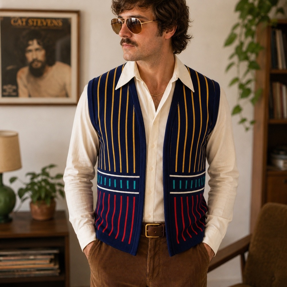 VTG Striped Open Front 70s USA Grandpacore Retro Bodin Knits Sweater Vest Mens